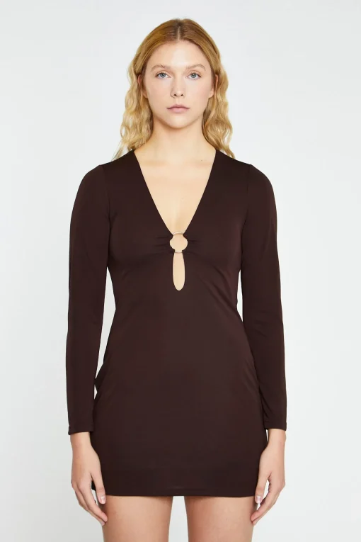 Glamorous Workwear|Go To Partywear|Dark Brown Deep V-neck Mini-Dress -