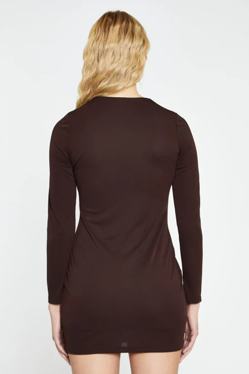 Glamorous Workwear|Go To Partywear|Dark Brown Deep V-neck Mini-Dress -