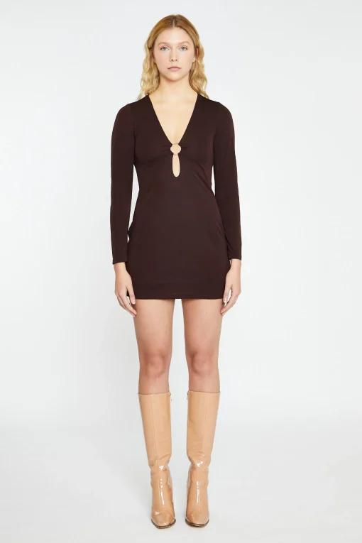 Glamorous Workwear|Go To Partywear|Dark Brown Deep V-neck Mini-Dress -