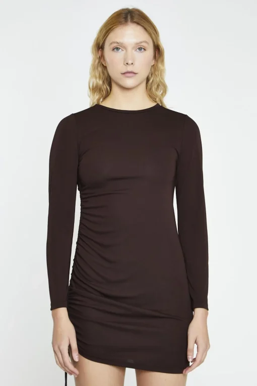 Glamorous Party Dresses|Going Out Dresses|Dark Brown Ruched Bodycon Mini-Dress -