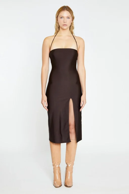 Glamorous Graduation|Workwear|Dark Brown Square Halterneck Midi-Dress -
