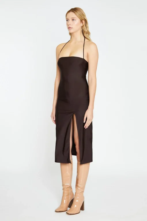 Glamorous Graduation|Workwear|Dark Brown Square Halterneck Midi-Dress -