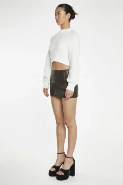 Glamorous Going Out Skirts|Mini Skirts|Dark-Brown Distressed-PU Fitted Mini-Skirt -
