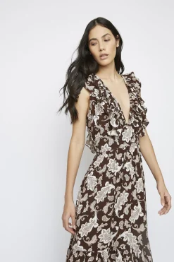 Glamorous Maxi Dresses|Maxi Dresses|Dark-Brown-Paisley Deep-V-Neck Maxi-Dress -