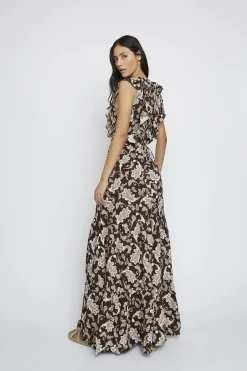 Glamorous Maxi Dresses|Maxi Dresses|Dark-Brown-Paisley Deep-V-Neck Maxi-Dress -