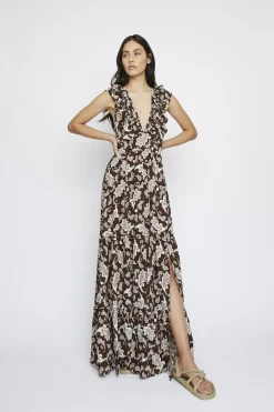 Glamorous Maxi Dresses|Maxi Dresses|Dark-Brown-Paisley Deep-V-Neck Maxi-Dress -