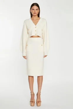 Glamorous Workwear|Go To Partywear|Dark-Cream Knitted Pencil Midi-Skirt -