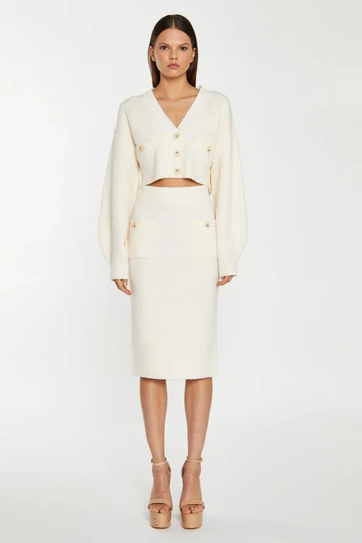 Glamorous Workwear|Go To Partywear|Dark-Cream Knitted Pencil Midi-Skirt -