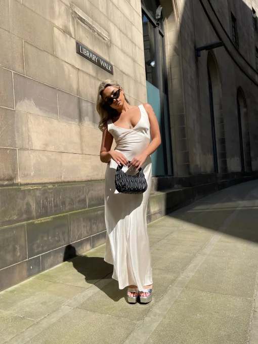 Glamorous Prom|Graduation|Dark-Cream Satin V-Neck Midaxi-Dress -