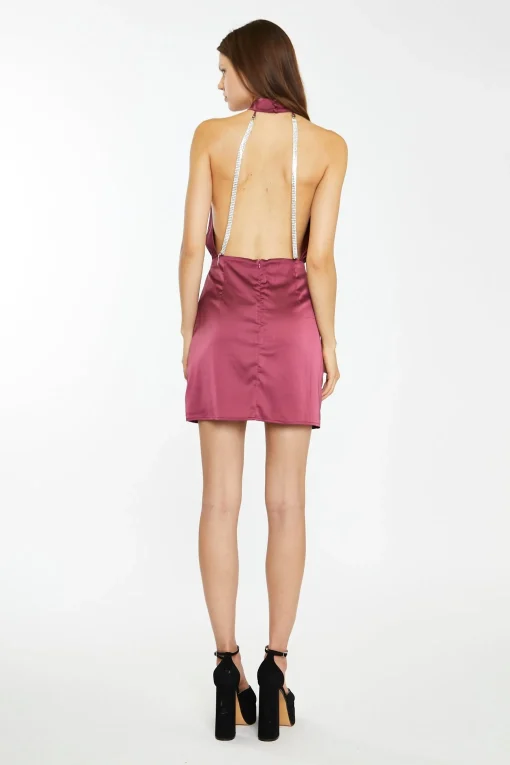 Glamorous Go To Partywear|Satin Dresses|Dark-Raspberry Satin Diamante Strap Mini-Dress -