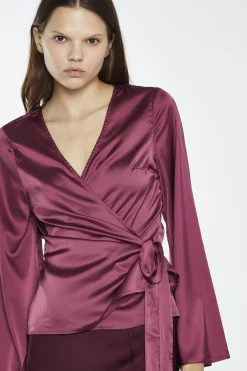Glamorous Going Out Tops|Dark-Raspberry Satin Fluted-Sleeve Wrap-Top -