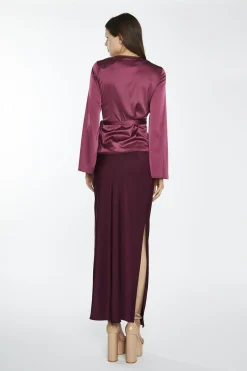 Glamorous Going Out Tops|Dark-Raspberry Satin Fluted-Sleeve Wrap-Top -