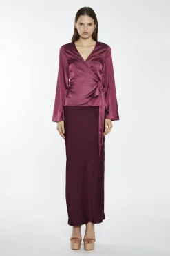 Glamorous Going Out Tops|Dark-Raspberry Satin Fluted-Sleeve Wrap-Top -