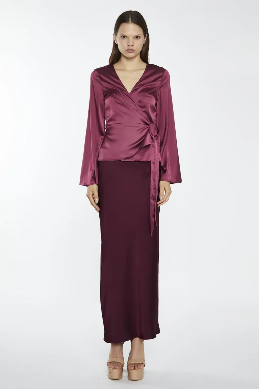 Glamorous Going Out Tops|Dark-Raspberry Satin Fluted-Sleeve Wrap-Top -