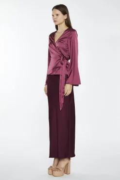 Glamorous Going Out Tops|Dark-Raspberry Satin Fluted-Sleeve Wrap-Top -