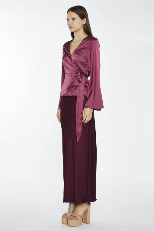 Glamorous Going Out Tops|Dark-Raspberry Satin Fluted-Sleeve Wrap-Top -