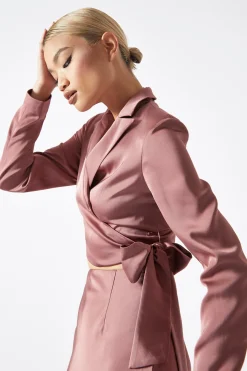 Glamorous Workwear|Going Out Tops|Dark-Rose Wrap-Front Crop-Blazer -