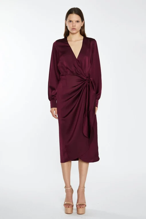 Glamorous Best Dressed Guest|Go To Partywear|Deep Burgundy Satin Long-Sleeve Wrap Midi-Dress -
