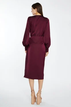Glamorous Best Dressed Guest|Go To Partywear|Deep Burgundy Satin Long-Sleeve Wrap Midi-Dress -