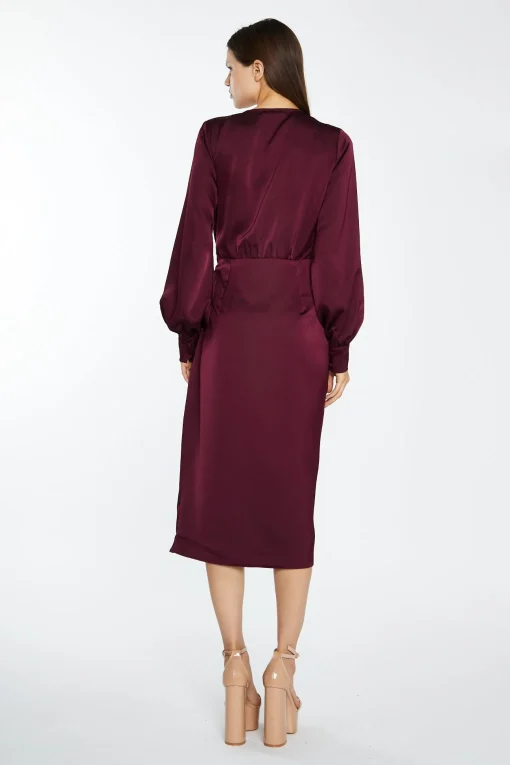 Glamorous Best Dressed Guest|Go To Partywear|Deep Burgundy Satin Long-Sleeve Wrap Midi-Dress -