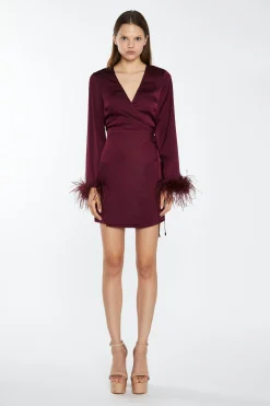 Glamorous Graduation|Go To Partywear|Deep-Burgundy Satin Feather Trim Wrap Mini-Dress -