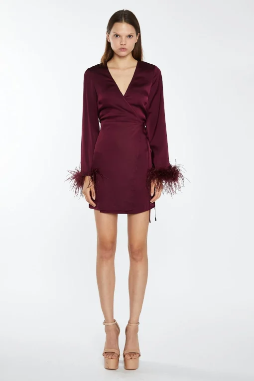 Glamorous Graduation|Go To Partywear|Deep-Burgundy Satin Feather Trim Wrap Mini-Dress -