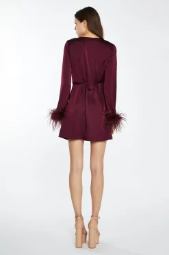 Glamorous Graduation|Go To Partywear|Deep-Burgundy Satin Feather Trim Wrap Mini-Dress -