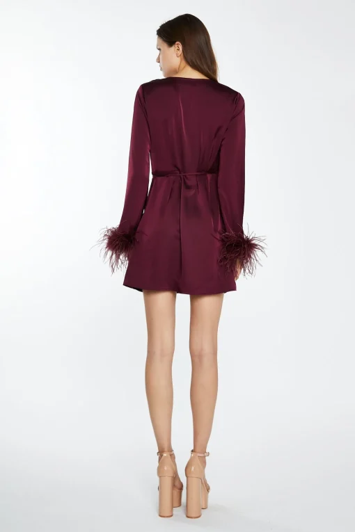 Glamorous Graduation|Go To Partywear|Deep-Burgundy Satin Feather Trim Wrap Mini-Dress -