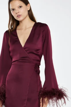 Glamorous Graduation|Go To Partywear|Deep-Burgundy Satin Feather Trim Wrap Mini-Dress -
