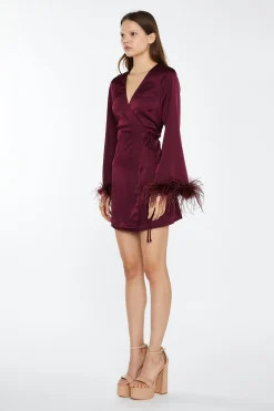 Glamorous Graduation|Go To Partywear|Deep-Burgundy Satin Feather Trim Wrap Mini-Dress -