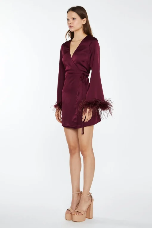 Glamorous Graduation|Go To Partywear|Deep-Burgundy Satin Feather Trim Wrap Mini-Dress -