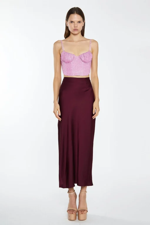 Glamorous Go To Partywear|Maxi Skirts|Deep-Burgundy Satin Side-Split Maxi-Skirt -