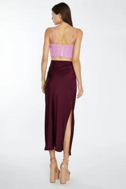Glamorous Go To Partywear|Maxi Skirts|Deep-Burgundy Satin Side-Split Maxi-Skirt -