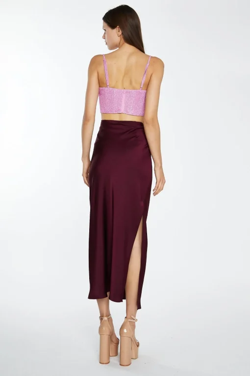 Glamorous Go To Partywear|Maxi Skirts|Deep-Burgundy Satin Side-Split Maxi-Skirt -