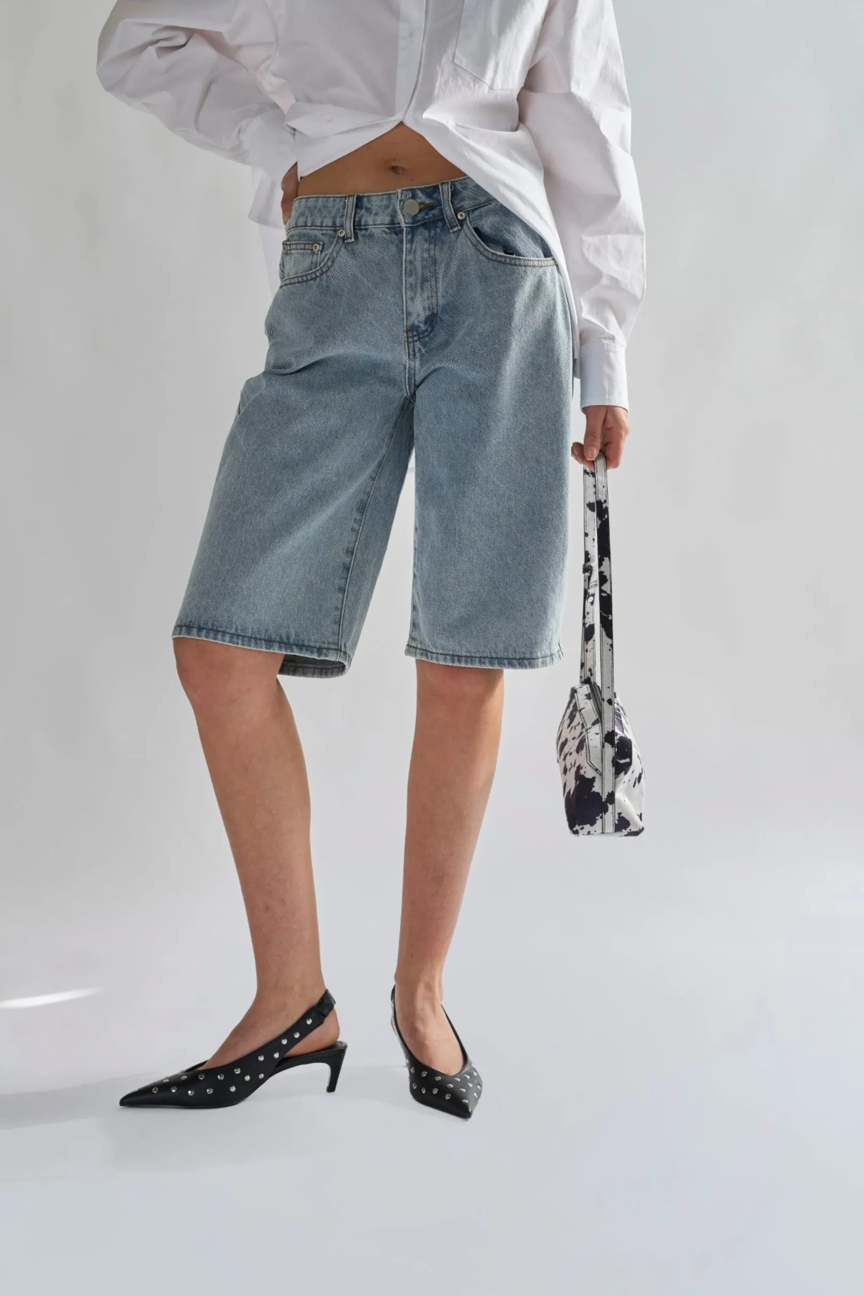 Glamorous Denim Shorts|Dirty-Vintage Blue Denim Long -Shorts -