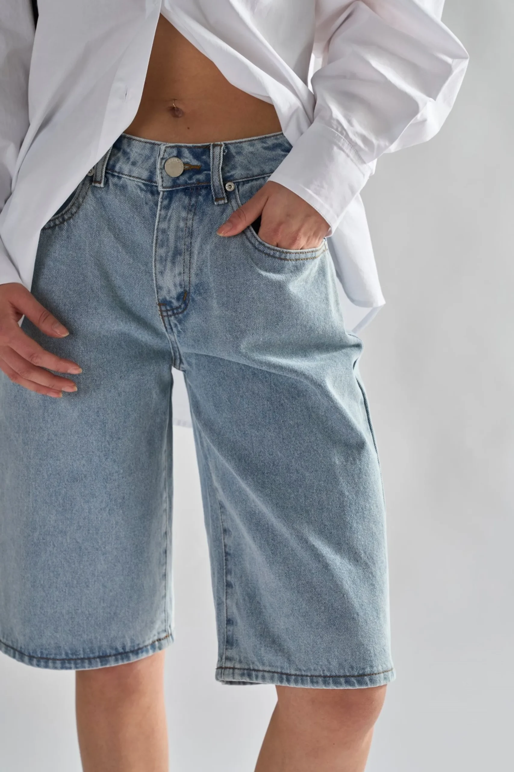 Glamorous Denim Shorts|Dirty-Vintage Blue Denim Long -Shorts -