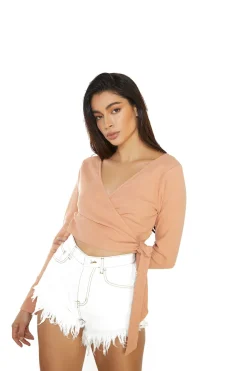 Glamorous Crops, Corsets & Bodysuits|Dusty Orange Ribbed Wrap Crop Top -