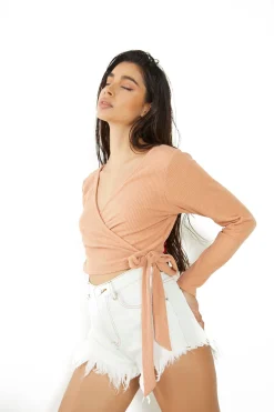 Glamorous Crops, Corsets & Bodysuits|Dusty Orange Ribbed Wrap Crop Top -