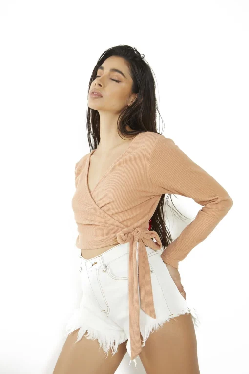 Glamorous Crops, Corsets & Bodysuits|Dusty Orange Ribbed Wrap Crop Top -
