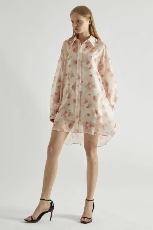 Glamorous Day Dresses|Party Dresses|Dusty Peach Floral Hi-Low Shirt-Dress -