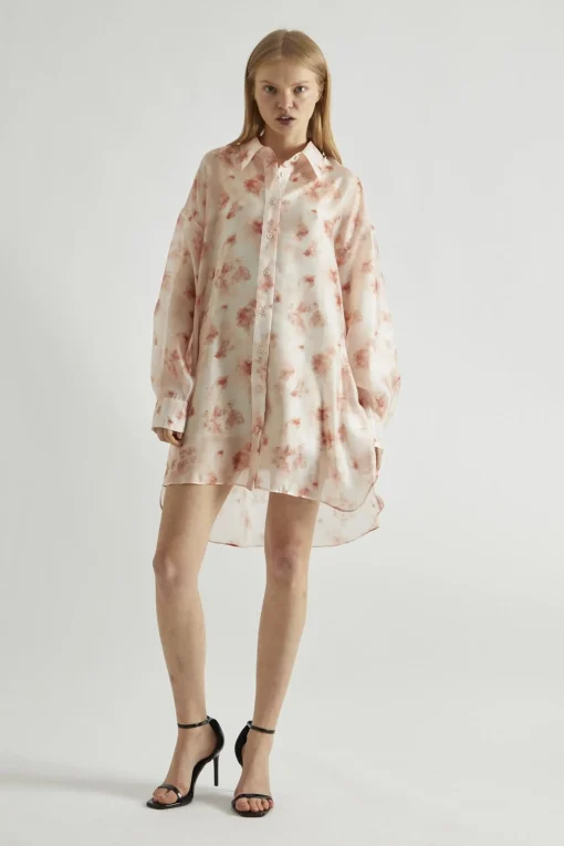 Glamorous Day Dresses|Party Dresses|Dusty Peach Floral Hi-Low Shirt-Dress -