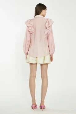 Glamorous Chic Escapes|Blouses & Shirts|Dusty Pink Button-Front Ruffle Blouse -