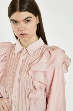 Glamorous Chic Escapes|Blouses & Shirts|Dusty Pink Button-Front Ruffle Blouse -