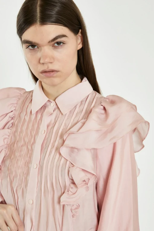 Glamorous Chic Escapes|Blouses & Shirts|Dusty Pink Button-Front Ruffle Blouse -