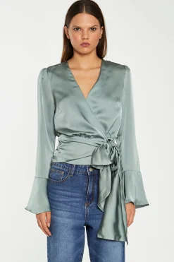 Glamorous Workwear|Go To Partywear|Dusty-Green Satin Wrap Front Blouse -