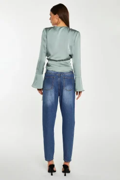 Glamorous Workwear|Go To Partywear|Dusty-Green Satin Wrap Front Blouse -