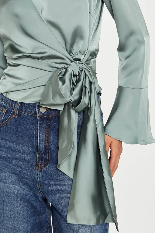 Glamorous Workwear|Go To Partywear|Dusty-Green Satin Wrap Front Blouse -