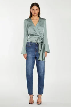 Glamorous Workwear|Go To Partywear|Dusty-Green Satin Wrap Front Blouse -
