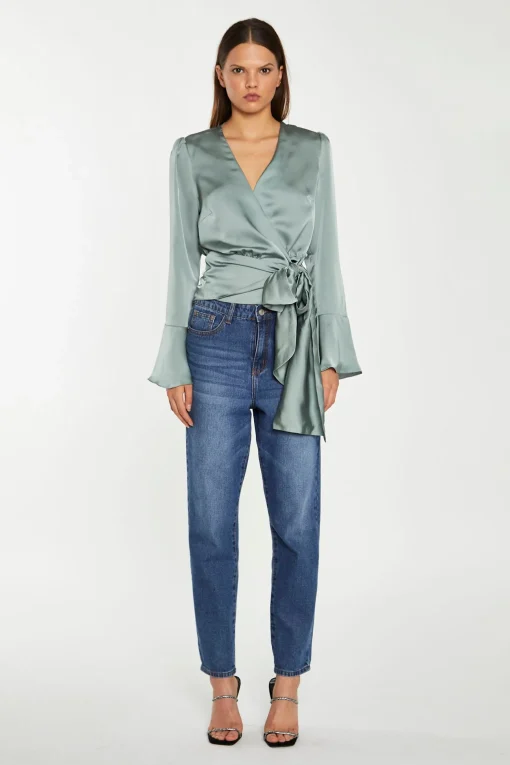 Glamorous Workwear|Go To Partywear|Dusty-Green Satin Wrap Front Blouse -