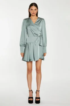 Glamorous Day Dresses|Satin Dresses|Dusty-Green Satin Wrap Mini-Dress -